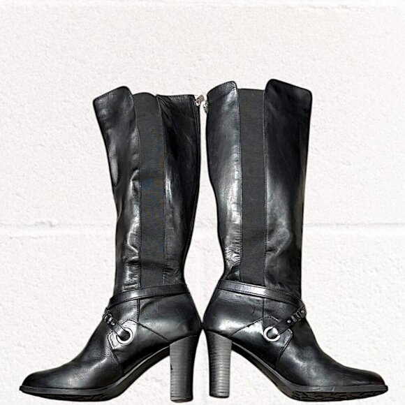 Adrienne Vittadini Tall Black Leather Boots with Buckle Embellishment Size 9 - Picture 3 of 13